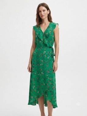 HIGHLINE COLLECTIVE GREEN FLORAL WRAP DRESS - L